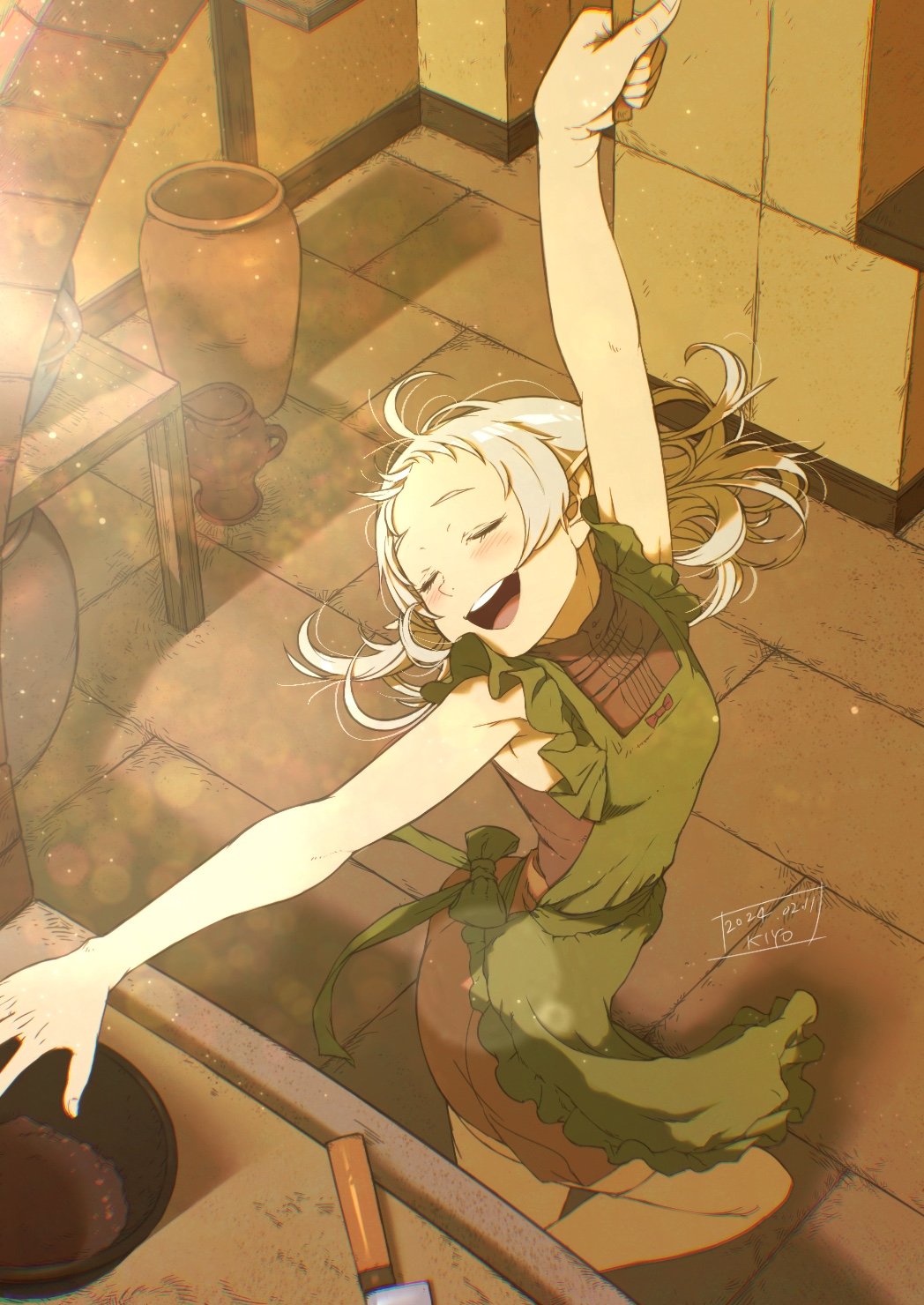 1girl, ahoge, apron, arm_up, armpits, bare_arms, blush, bow