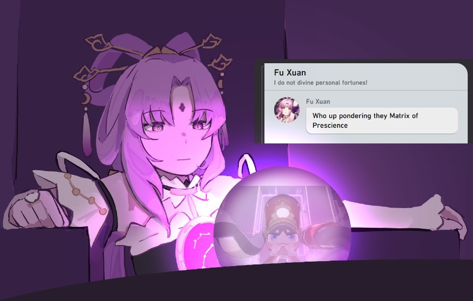1girl, 1other, closed_mouth, english_commentary, english_text, expressionless, forehead_jewel, fu_xuan_(honkai:_star_rail)