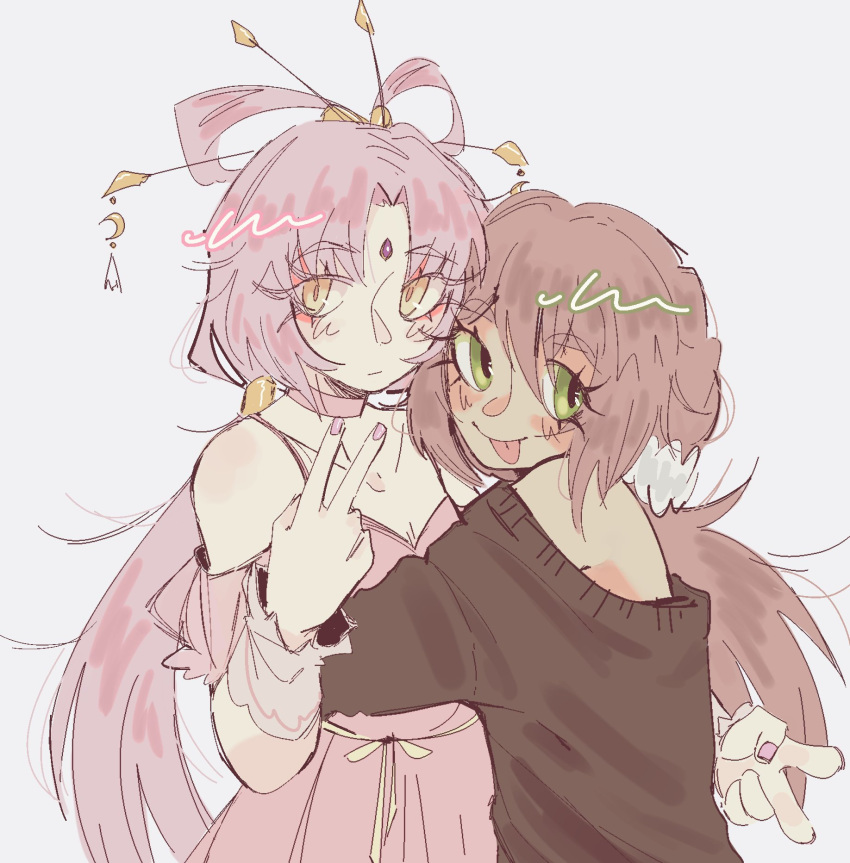 2girls, alternate_costume, andp3tuh, bare_shoulders, dick_shirt, dress, expressionless, forehead_jewel, fu_xuan_(honkai:_star_rail), grey_background, hair_between_eyes, highres, honkai:_star_rail, honkai_(series), hug, long_hair, looking_at_viewer, multiple_girls, pink_dress, qingque_(honkai:_star_rail), simple_background, smile, tongue, tongue_out, upper_body, v, very_long_hair