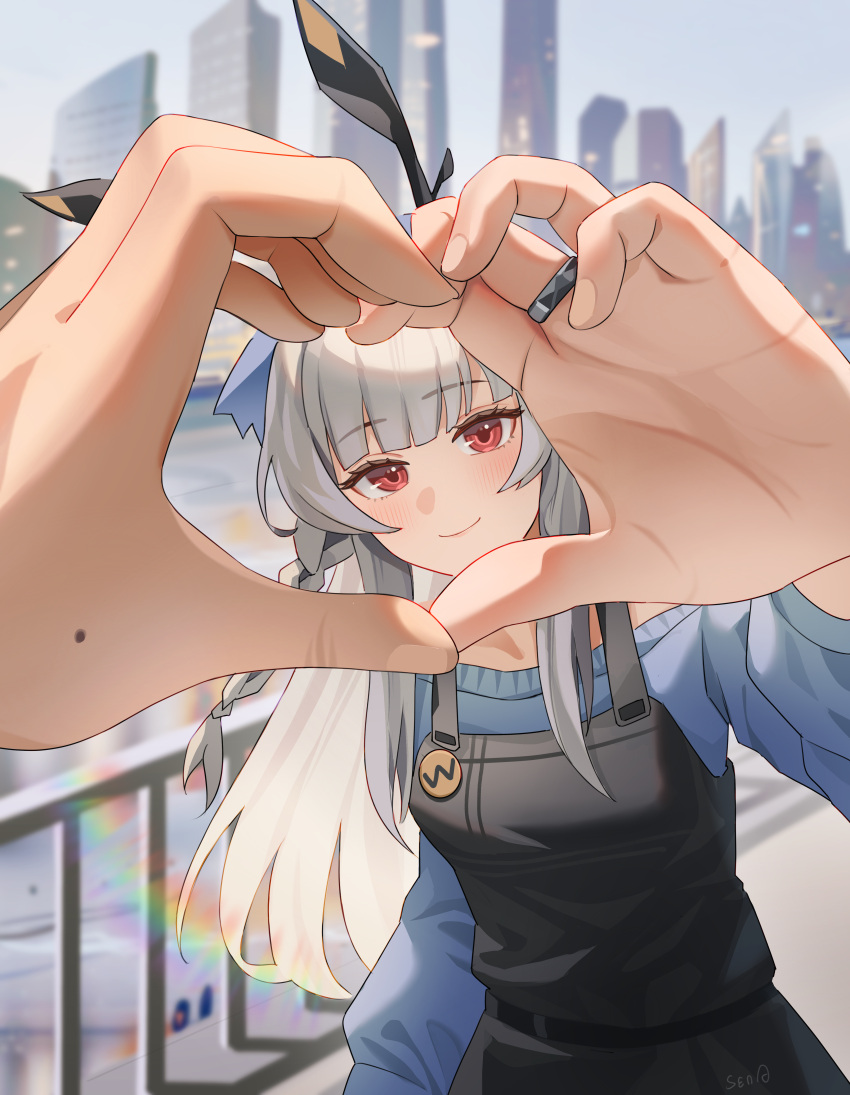 1girl, absurdres, arknights, black_dress, blue_sweater, blunt_bangs, blurry, blurry_background