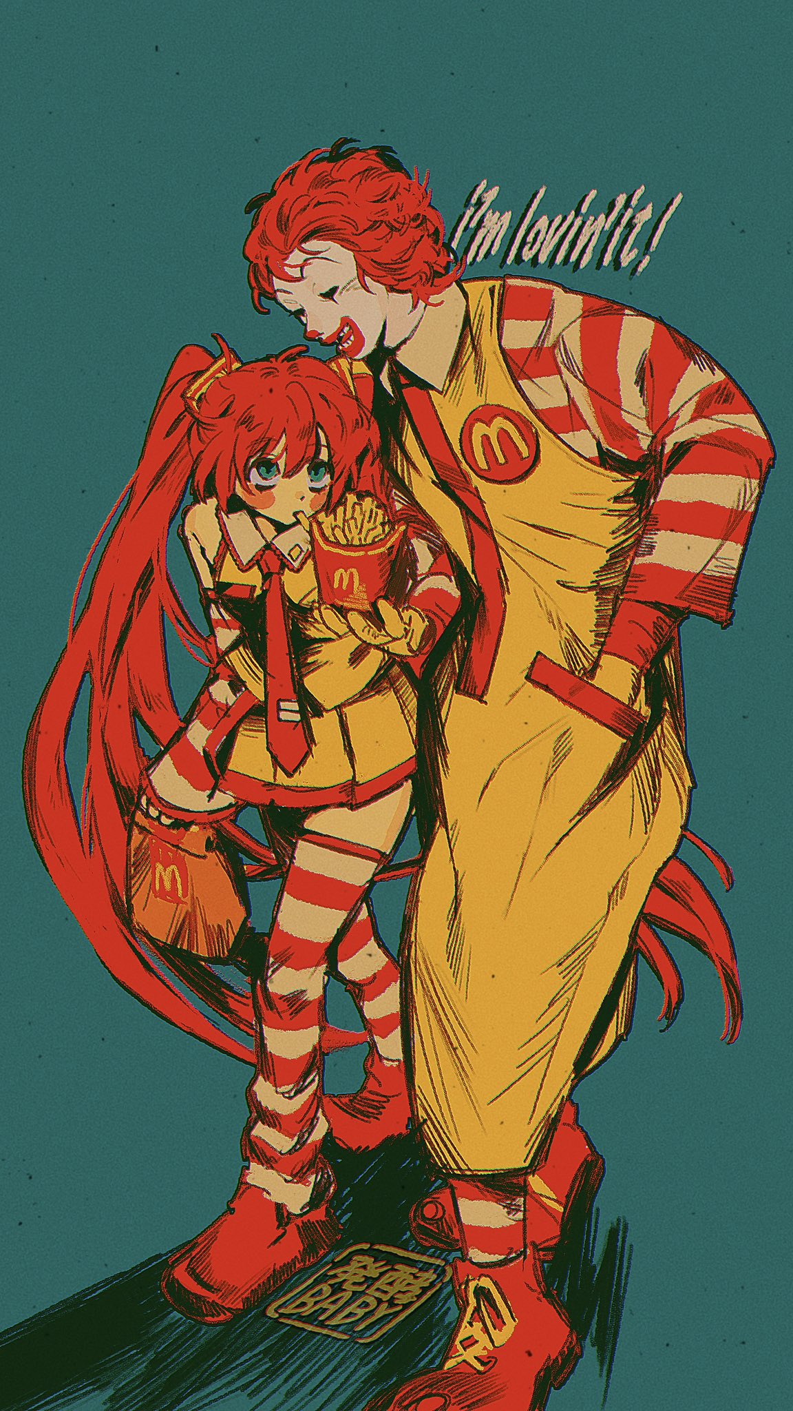 1boy, 1girl, adapted_costume, alternate_hair_color, babibu_baby, bag, blue_background, blue_eyes, blush, boots, catchphrase, closed_eyes, clown, commentary, crossover, detached_sleeves, eating, english_text, facepaint, fast_food, food, food_in_mouth, french_fries, full_body, gloves, green_background, hand_in_pocket, hatsune_miku, highres, holding, holding_bag, holding_food, jumpsuit, long_hair, looking_at_another, looking_up, mcdonald's, necktie, open_mouth, paper_bag, pleated_skirt, red_footwear, red_necktie, red_shirt, red_sleeves, red_thighhighs, redhead, ronald_mcdonald, shadow, shirt, short_hair, side-by-side, signature, simple_background, skirt, sleeveless, sleeveless_jumpsuit, sleeveless_shirt, smile, striped_clothes, striped_shirt, striped_sleeves, striped_thighhighs, symbol-only_commentary, thigh-highs, twintails, very_long_hair, vocaloid, walking, yellow_gloves, yellow_jumpsuit, yellow_shirt, yellow_skirt
