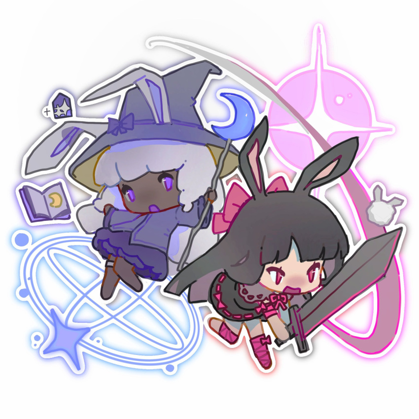 2girls, animal_ears, barefoot, black_dress, black_hair, blunt_bangs, book, bow