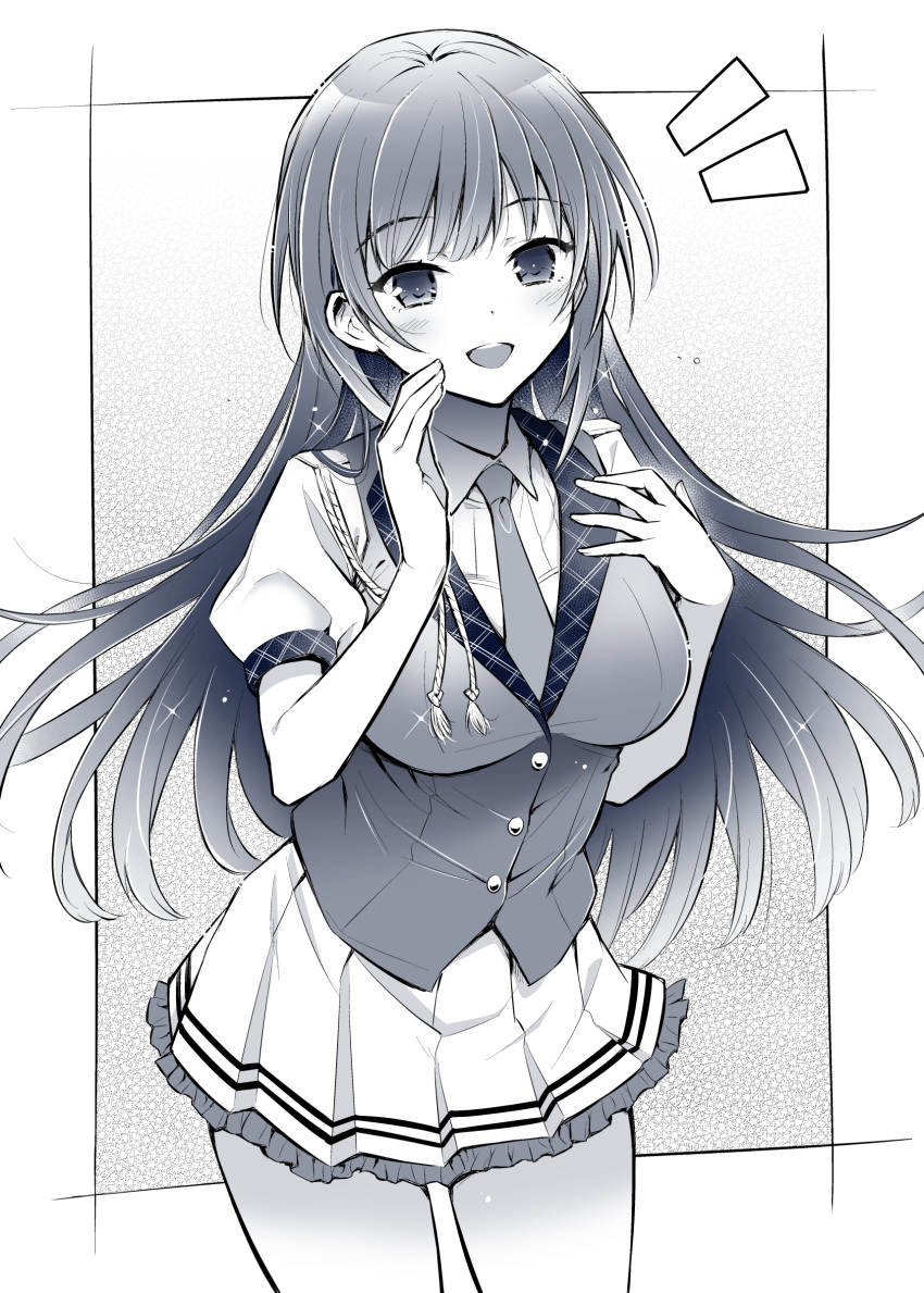 1girl, :d, absurdres, black_hair, blackheart, blunt_bangs, blush, breasts