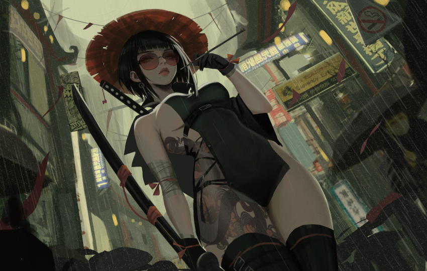 1girl, bandages, black_hair, breasts, from_below, gloves, hat, highres, holding, holding_sword, holding_weapon, katana, leg_tattoo, looking_at_viewer, medium_breasts, mole, mole_under_mouth, neo_(neorarty3), original, rain, short_hair, side-tie_dress, sideboob, smoking, smoking_pipe, stomach_tattoo, straw_hat, sunglasses, sword, sword_on_back, tattoo, thigh-highs, weapon, weapon_on_back
