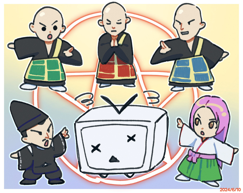 1girl, 4boys, bald, black_coat, black_hair, black_pants, border, bouzu_dancers