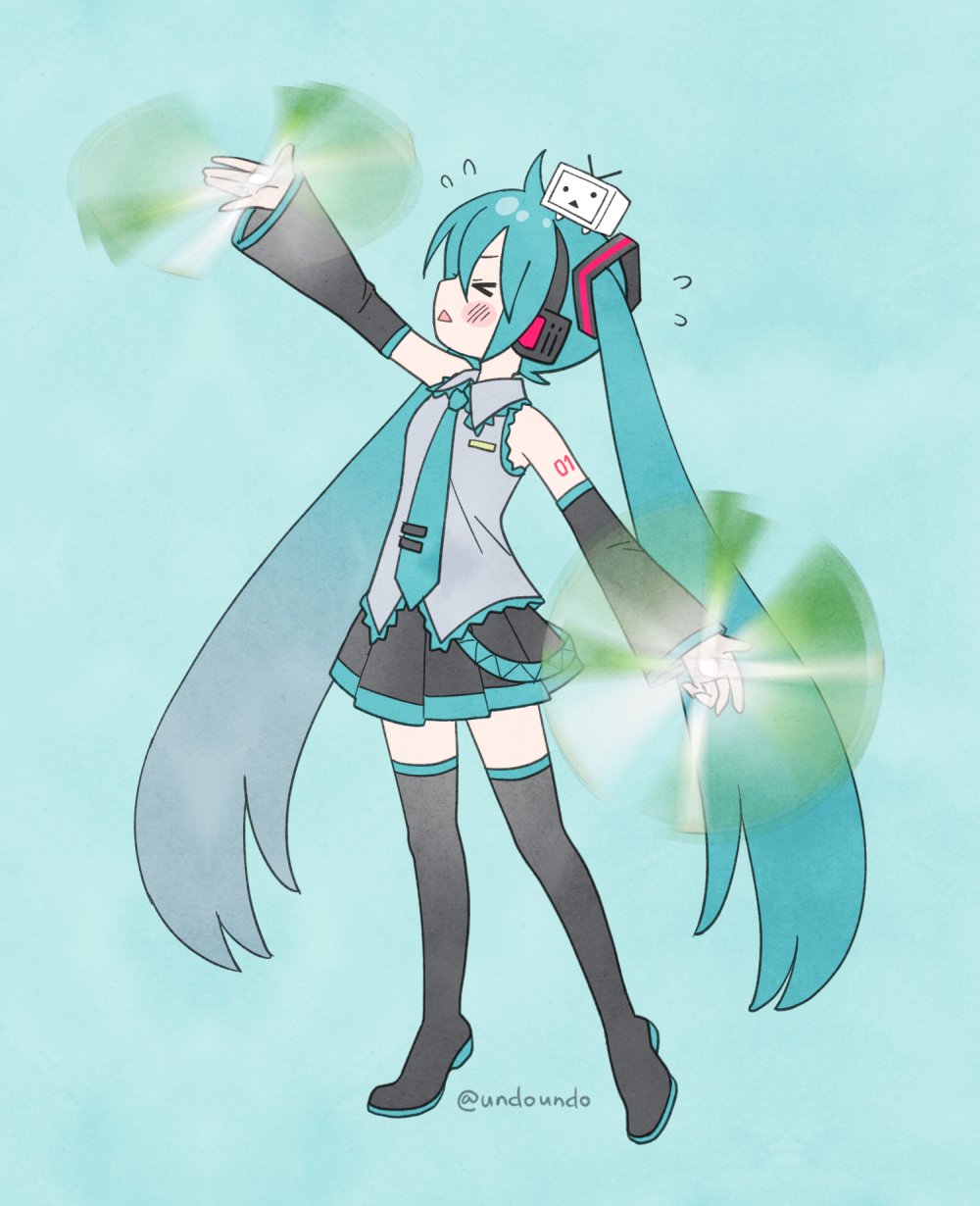 >_<, 1girl, arm_tattoo, black_footwear, black_skirt, black_sleeves, blue_background, blue_hair