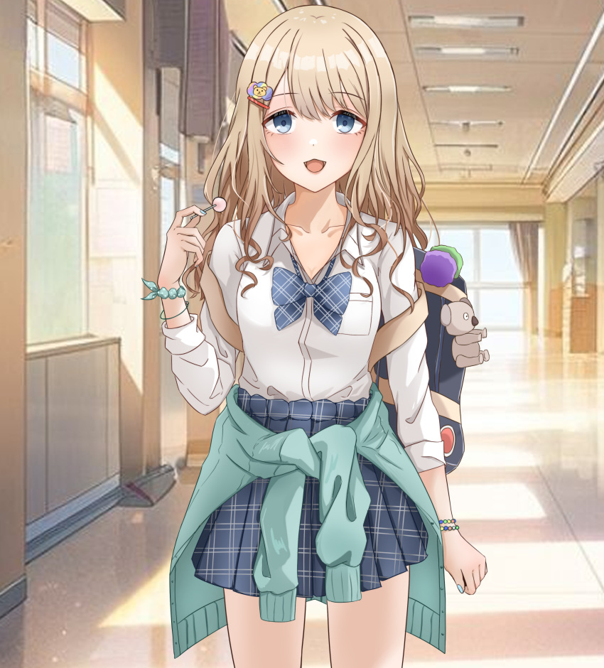 1girl, absurdres, aqua_cardigan, bag, bag_charm, blue_bow, blue_bowtie, blue_skirt