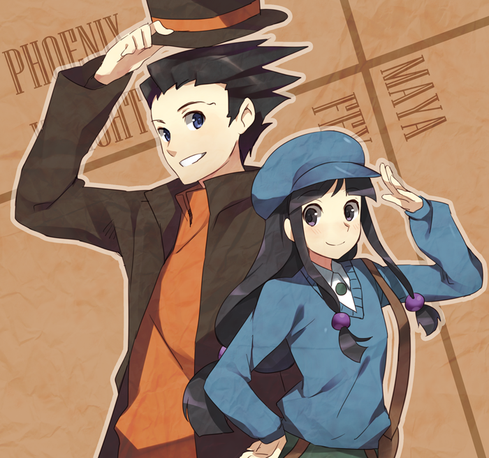 1girl, alternate_costume, ayasato_mayoi, bag, black_hair, blue_eyes, blush, cabbie_hat, commentary, cosplay, english, gin, gyakuten_saiban, hair_bobbles, hair_ornament, hand_on_hip, hat, hat_tip, height_difference, hershel_layton, hershel_layton_(cosplay), long_hair, luke_triton, luke_triton_(cosplay), naruhodou_ryuuichi, outline, professor_layton, professor_layton_vs._gyakuten_saiban, purple_eyes, salute, shoulder_bag, smile, sweater, top_hat, weee_(raemz)