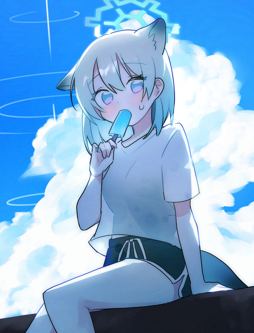 1girl, absurdres, alternate_costume, animal_ears, black_shorts, blue_archive, blue_eyes, blue_sky, casual, clouds, commentary, dolphin_shorts, food, food_in_mouth, halo, highres, hot, looking_at_viewer, outdoors, popsicle, popsicle_in_mouth, shigure_(blue_archive), shirt, short_hair, short_shorts, short_sleeves, shorts, sketch, sky, solo, sweatdrop, symbol-only_commentary, t-shirt, tail, tamago_bororo, two-tone_eyes, violet_eyes, weasel_ears, weasel_girl, weasel_tail, white_shirt