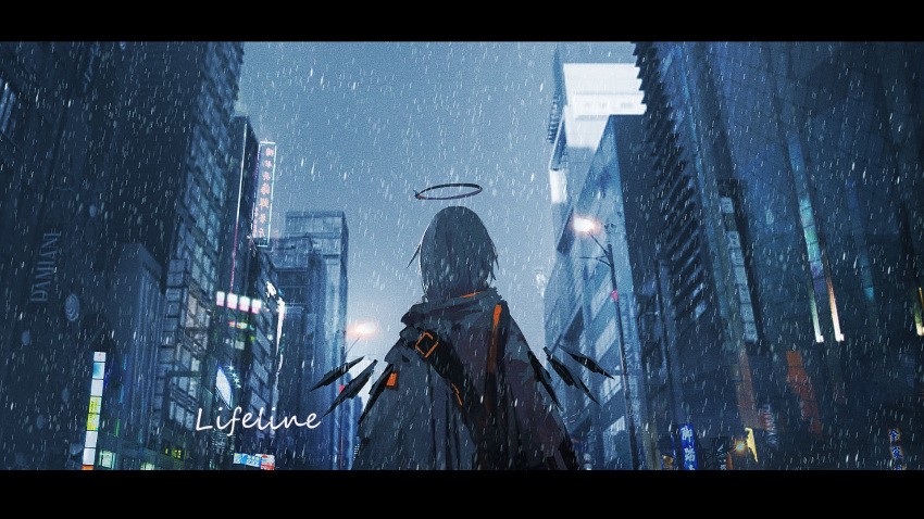 1boy, arknights, back, black_halo, black_wings, chinese_commentary, city, coat