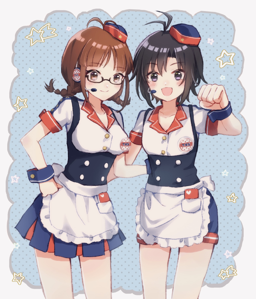2girls, absurdres, akizuki_ritsuko, antenna_hair, apron, black_hair, blue_background, blue_shorts