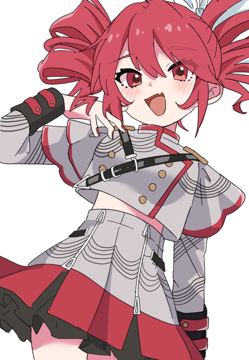 1girl, absurdres, arm_at_side, belt, black_belt, blush, bow, buttons