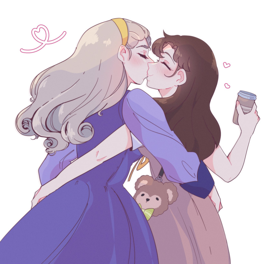 2girls, bag, blush, brown_dress, brown_hair, cup, disposable_cup, dress, glass_no_kamen, hairband, handbag, heart, highres, himekawa_ayumi, kiss, kitajima_maya, laura_(wisteriamemory_), light_brown_hair, long_hair, long_sleeves, multiple_girls, purple_dress, white_background, yellow_hairband, yuri