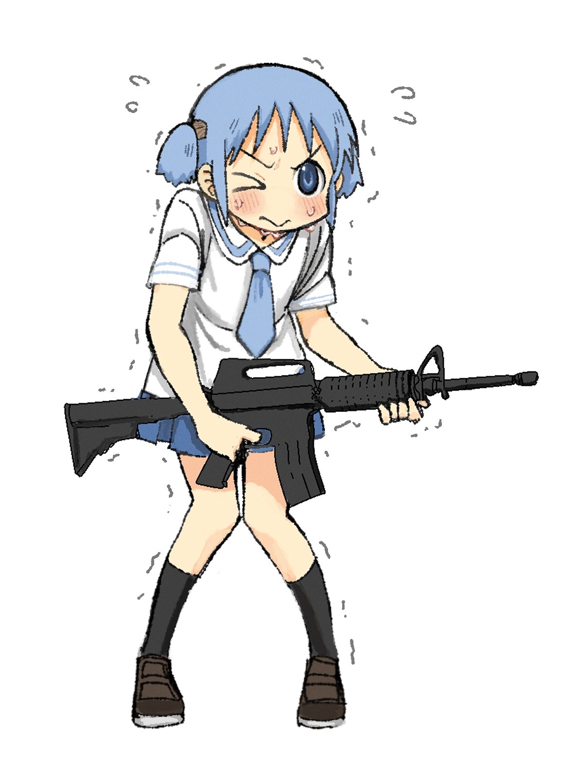 1girl, assault_rifle, black_socks, blue_eyes, blue_hair, blue_necktie, blue_skirt, blush, breasts, brown_footwear, closed_mouth, cube_hair_ornament, flying_sweatdrops, full_body, gun, hair_ornament, highres, holding, holding_gun, holding_weapon, kneehighs, knees_together_feet_apart, loafers, m4_carbine, naganohara_mio, naganoharamiomio, necktie, nervous, nichijou, one_eye_closed, pleated_skirt, rifle, sailor_collar, school_uniform, serafuku, shirt, shoes, short_hair, short_sleeves, short_twintails, skirt, small_breasts, smile, socks, solo, standing, sweat, trembling, twintails, two-handed, v-shaped_eyebrows, weapon, white_sailor_collar, white_shirt