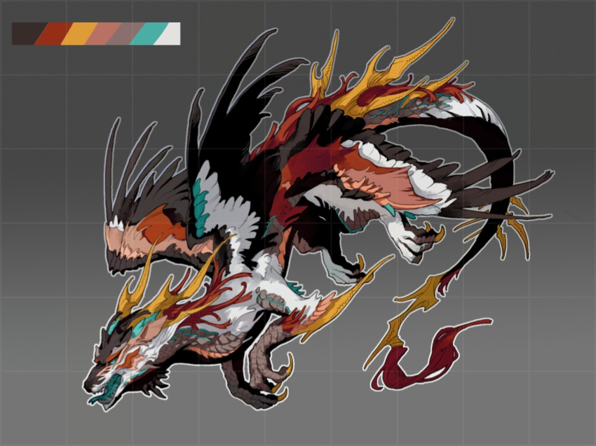 animal_focus, bird_wings, blue_eyes, blue_tongue, chinese_commentary, claws, color_guide, colored_tongue, commentary_request, dragon, feathered_wings, from_side, full_body, fur-tipped_tail, grid_background, highres, horns, mane, microw, monster, multiple_wings, no_humans, open_mouth, original, outline, scales, sharp_teeth, solo, tail, teeth, white_outline, wings, yellow_horns