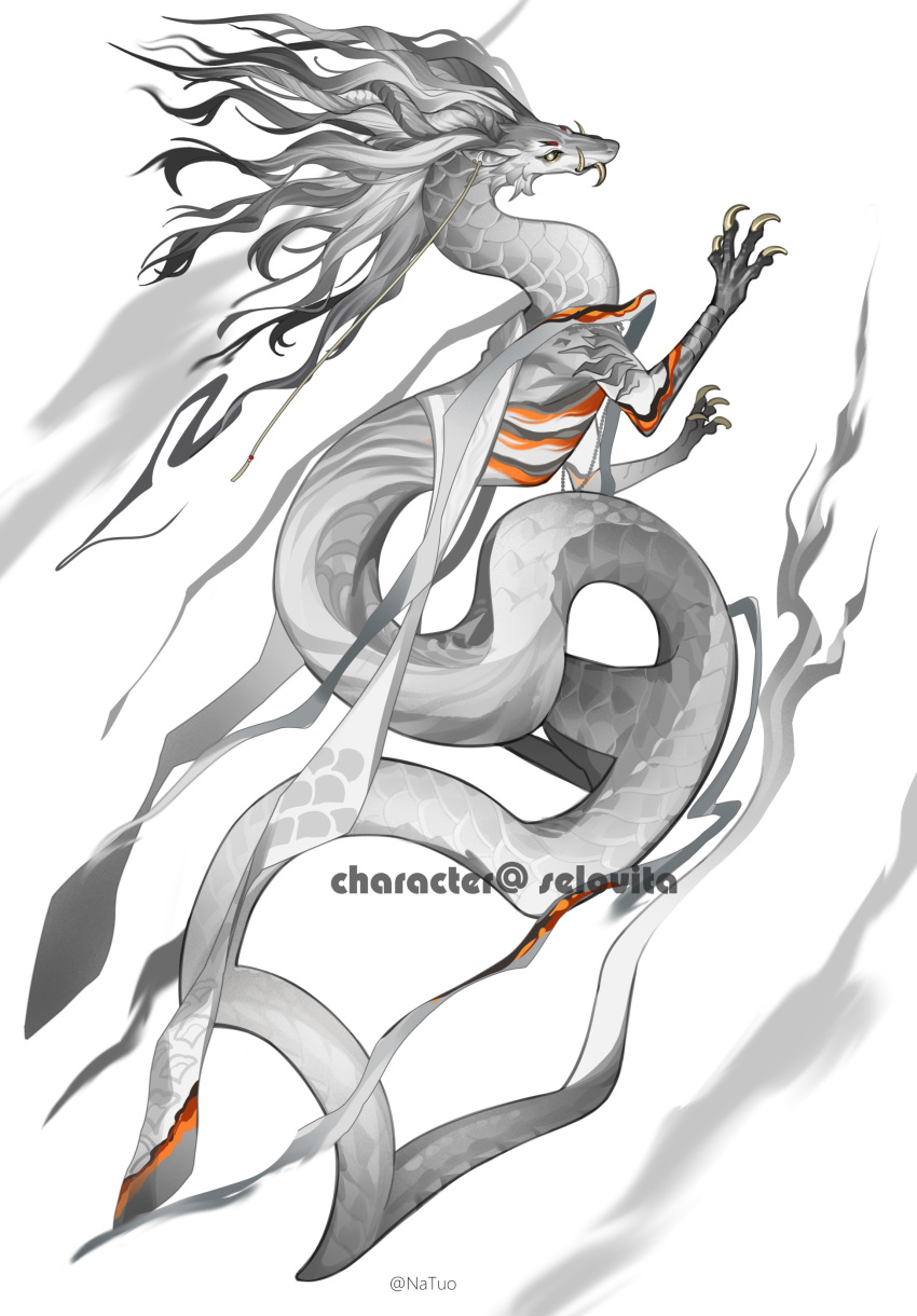 absurdres, animal_focus, artist_name, black_sclera, chinese_commentary, claws, colored_sclera, commentary_request, commission, commissioner_name, dragon, eastern_dragon, fangs, fangs_out, from_side, full_body, grey_horns, highres, horns, looking_at_viewer, mane, monster, no_humans, original, scales, simple_background, solo, tail, tianlang_fenghuo, white_background, white_eyes