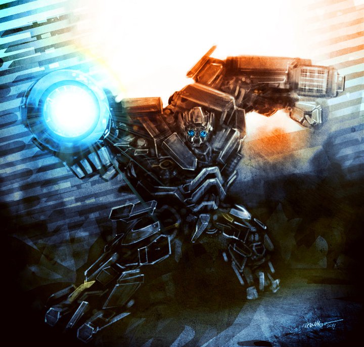 arm_cannon, arm_mounted_weapon, blue_eyes, firing, humanoid_robot, ironhide, machine, mecha, no_humans, robot, science_fiction, transformers, transformers_(2007_film), transformers_(live_action), vincentius_matthew, weapon