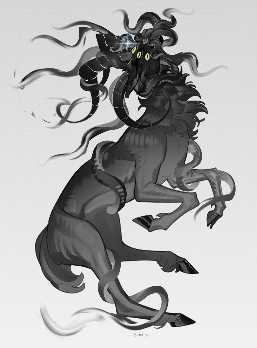 animal_focus, artist_name, black_fur, curled_horns, extra_eyes, from_side, full_body, goat_horns