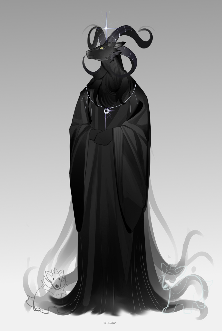 1boy, absurdres, black_fur, black_robe, body_fur, curled_horns, full_body, furry