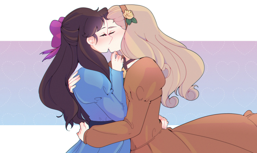 2girls, blue_dress, blush, bow, brown_hair, closed_eyes, dress, flower, glass_no_kamen, hair_bow, hair_flower, hair_ornament, hairband, hand_up, heart, highres, himekawa_ayumi, hug, kiss, kitajima_maya, laura_(wisteriamemory_), light_brown_hair, long_hair, long_sleeves, multiple_girls, orange_dress, orange_hairband, pink_bow, puffy_long_sleeves, puffy_sleeves, yuri