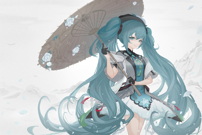 1girl, aqua_dress, aqua_eyes, aqua_hair, asukayou, black_gloves, black_hat, chinese_clothes