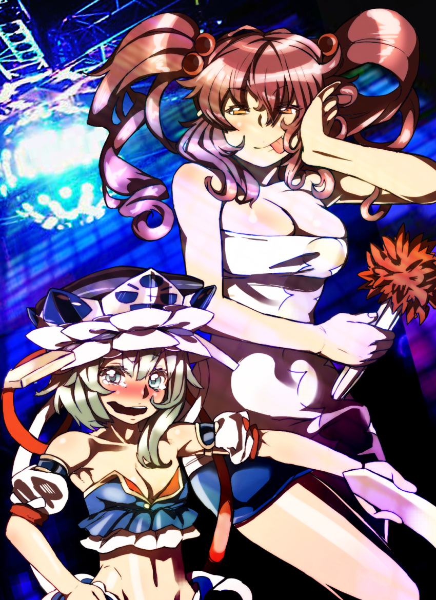 :p, alternate_costume, blush, breasts, cleavage, green_eyes, green_hair, hair_bobbles