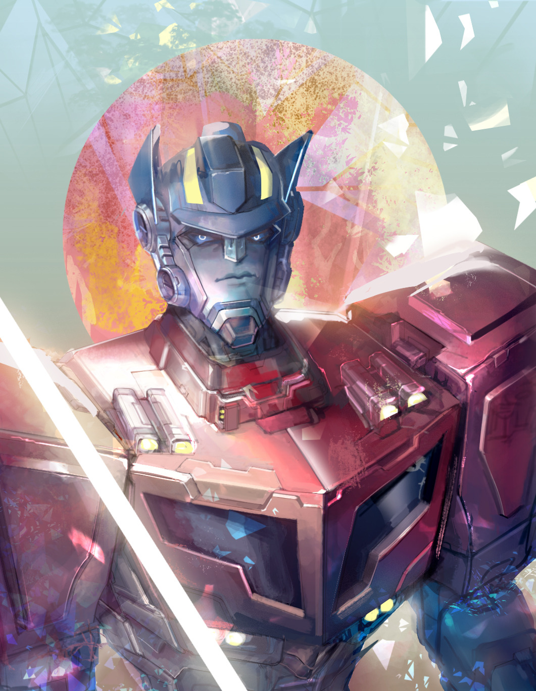 1boy, autobot, blue_eyes, helmet, highres, humanoid_robot, looking_at_viewer, machine, mecha, optimus_prime, optimus_prime_(animated), robot, science_fiction, sweetcrescent, transformers, transformers_animated, upper_body