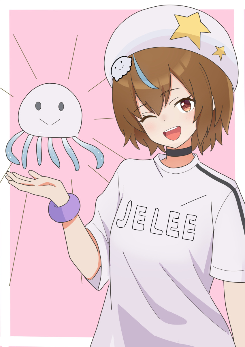 1girl, absurdres, black_choker, blue_hair, blush, brown_hair, bucho1182, character_name