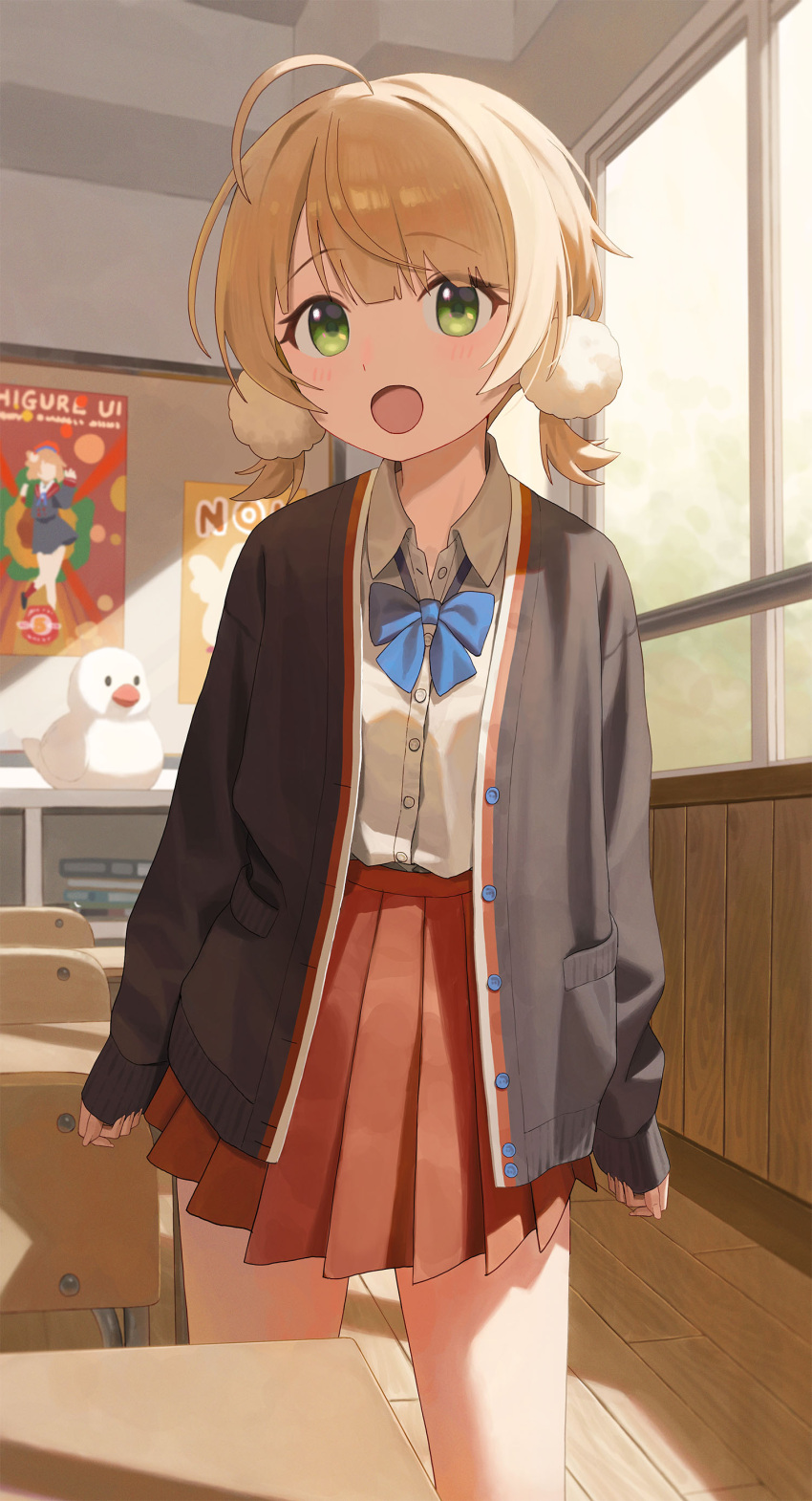 1girl, :d, absurdres, ahoge, blue_bow, blue_bowtie, blush, book