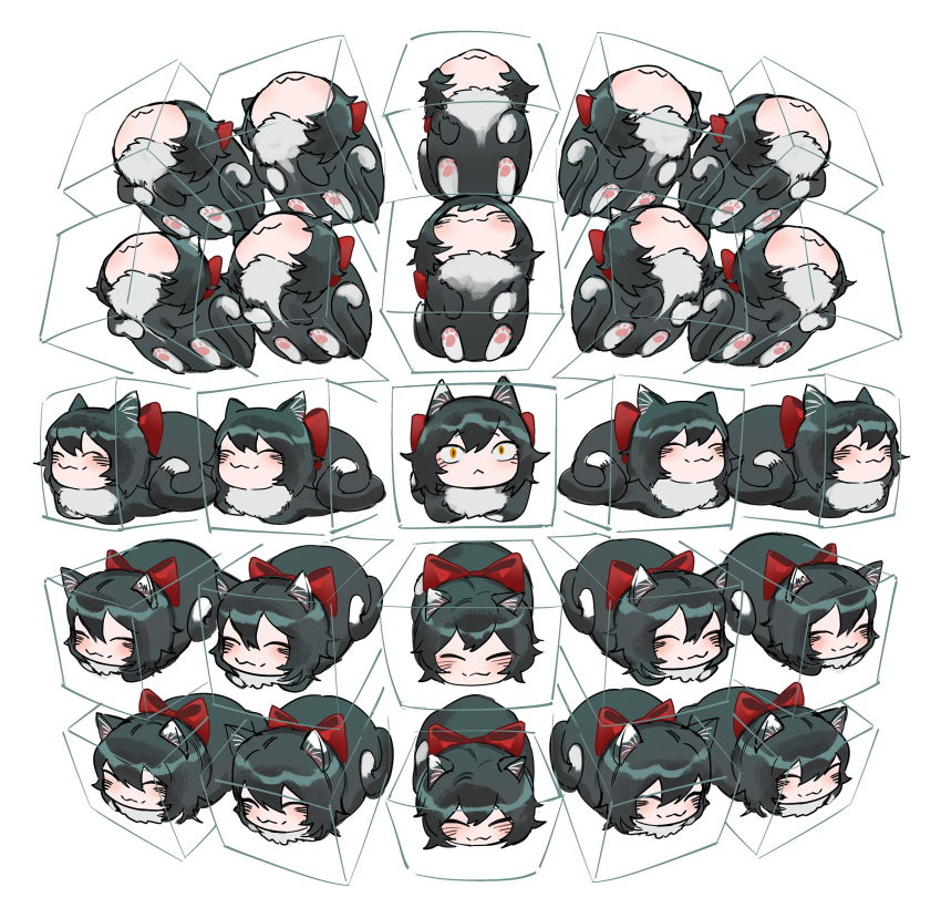 1girl, 25_perspective_box_exercise, :3, ^_^, absurdres, animal_ears, animal_hands, black_hair, bow, cat_ears, cat_girl, cat_paws, cat_tail, closed_eyes, commentary, dungeon_meshi, english_commentary, foolish_potato, highres, izutsumi, looking_at_viewer, multiple_views, perspective, red_bow, short_hair, tail, white_background, yellow_eyes