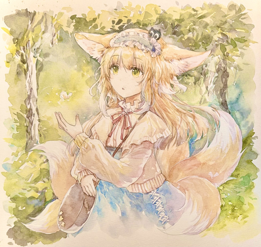 1girl, :o, animal_ears, arknights, blonde_hair, blue_skirt, bug, butterfly