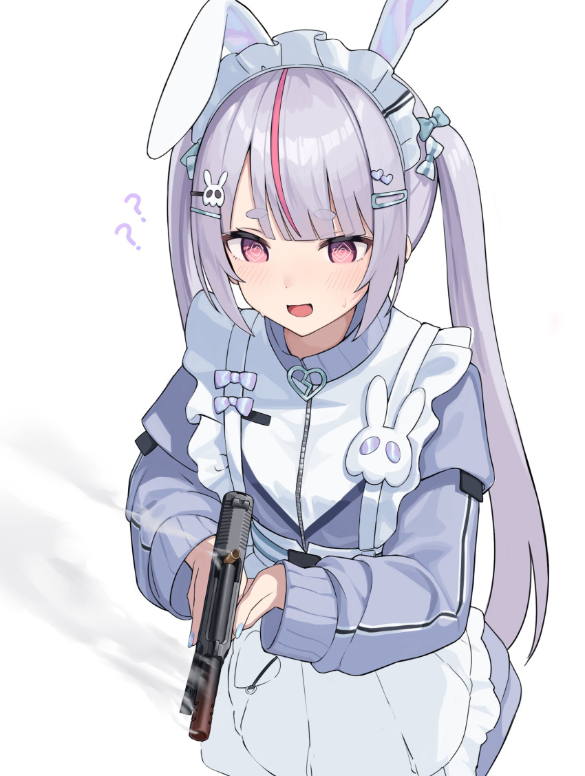 1girl, ?, ??, @_@, absurdres, animal_ears, apron, gun, hair_ornament, hairclip, highres, holding, holding_gun, holding_weapon, hvar127, jacket, jersey_maid, long_hair, long_sleeves, maid, maid_headdress, multicolored_hair, nail_polish, pink_hair, purple_hair, rabbit_ears, smoke, smoking_barrel, sn_kaze, solo, streaked_hair, thick_eyebrows, tosaki_mimi, tosaki_mimi_(4th_costume), twintails, unconventional_maid, violet_eyes, virtual_youtuber, vspo!, weapon