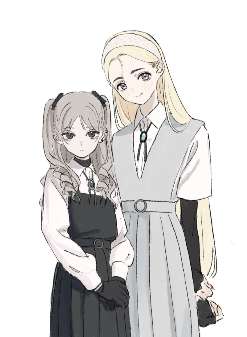 2girls, arms_behind_back, bags_under_eyes, black_dress, black_eyes, black_gloves, black_ribbon, black_undershirt