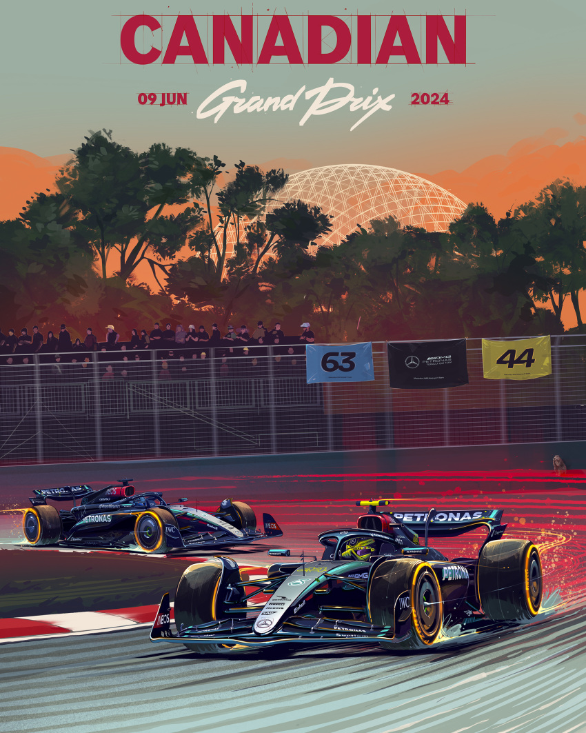 2boys, absurdres, andrew_mytro, canada, car, circuit_gilles_villeneuve, crowd, english_commentary, flag, formula_one, george_russell, gloves, highres, lewis_hamilton, light_trail, logo, motion_blur, motor_vehicle, multiple_boys, official_art, petronas, racetrack, real_life, real_world_location, spoiler_(automobile), sponsor, vehicle_focus, yellow_gloves