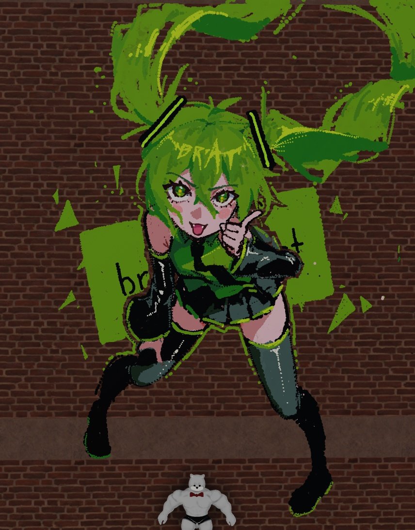 1girl, black_skirt, black_thighhighs, brown_background, detached_sleeves, english_commentary, english_text, fangs, full_body, green_eyes, green_hair, green_shirt, hand_up, hatsune_miku, index_finger_raised, long_hair, looking_at_viewer, open_mouth, papyuuno, pigeon-toed, pleated_skirt, roblox, roblox_(medium), shirt, skirt, sleeveless, sleeveless_shirt, solo, standing, thigh-highs, twintails, vocaloid