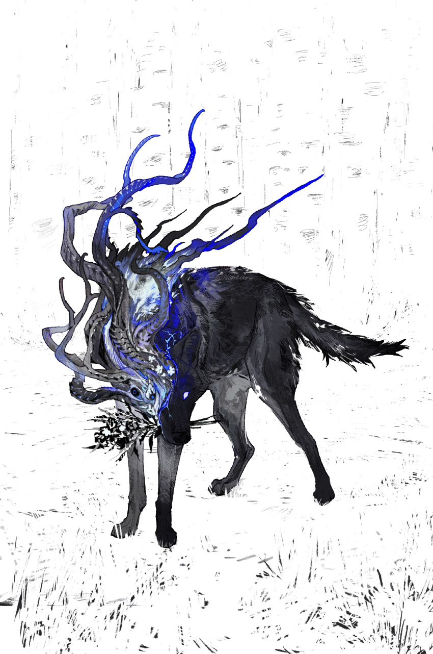 absurdres, animal_focus, antlers, artist_name, black_horns, extra_eyes, facing_viewer, full_body