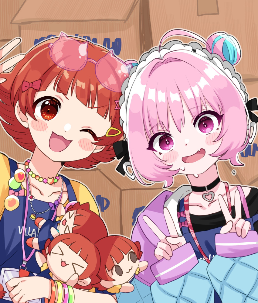 2girls, absurdres, ahoge, apron, bead_necklace, beads, black_ribbon, black_shirt