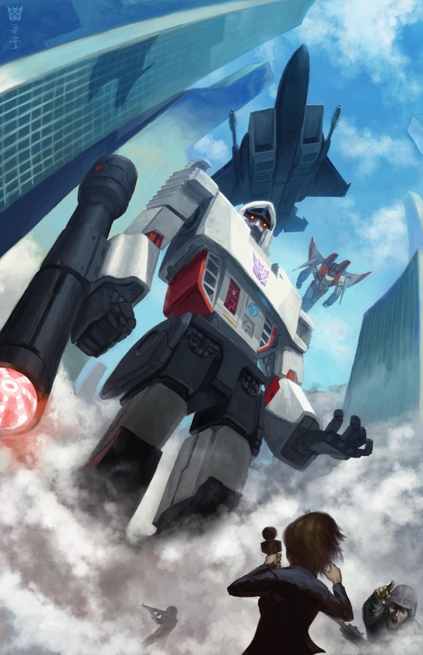 absurdres, aircraft, airplane, airplane_wing, arm_cannon, armor, building, decepticon
