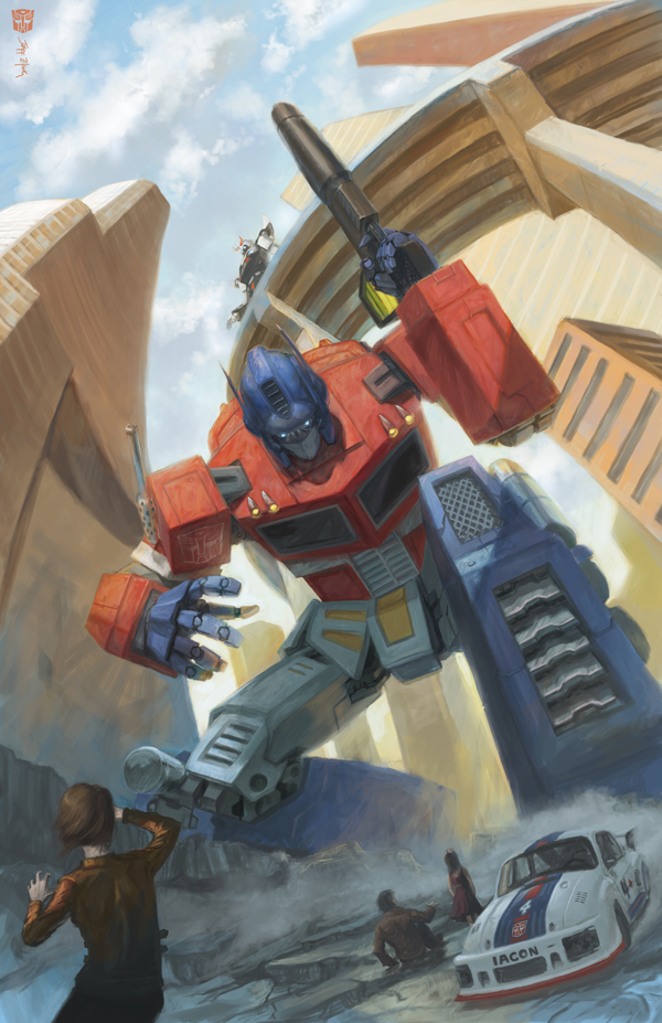 autobot, blue_eyes, bridge, building, car, doomsplosion, glowing, glowing_eyes, gun, helmet, humanoid_robot, insignia, jazz_(transformers), machine, mecha, motor_vehicle, optimus_prime, porsche, porsche_935, prowl_(transformers), race_vehicle, robot, science_fiction, size_difference, transformers, transformers:_generation_1, v-fin, weapon