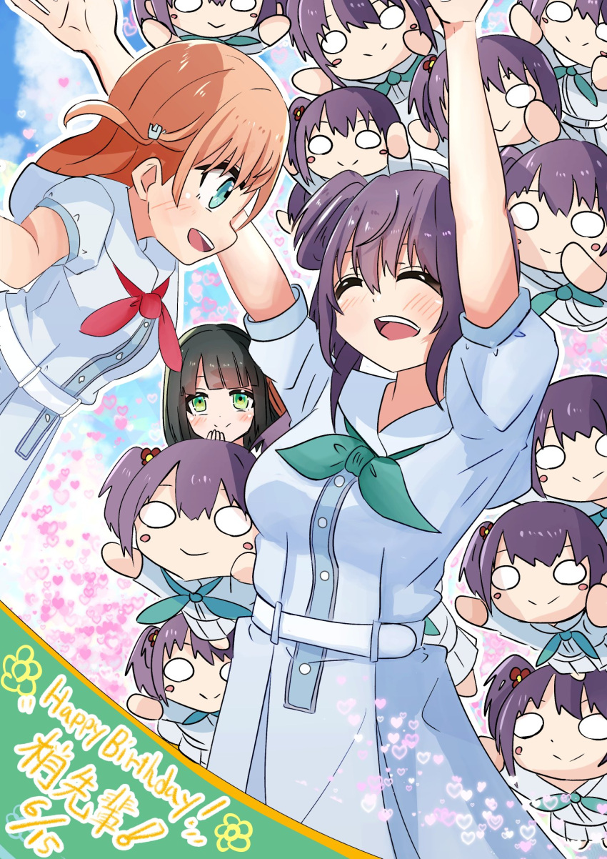 3girls, ^_^, aqua_eyes, aqua_neckerchief, black_hair, blue_dress, blunt_bangs, blush