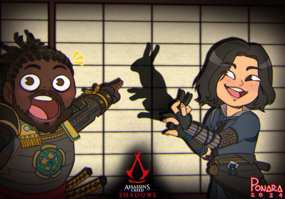 1boy, 1girl, artist_name, artofponara, assassin's_creed:_shadows, assassin's_creed_(series), beard, blush, dark-skinned_male, dark_skin, dreadlocks, english_text, facial_hair, fingerless_gloves, gloves, katana, naoe, ninja, pointing, rabbit_shadow_puppet, samurai, sword, weapon, yasuke_(assassin's_creed)