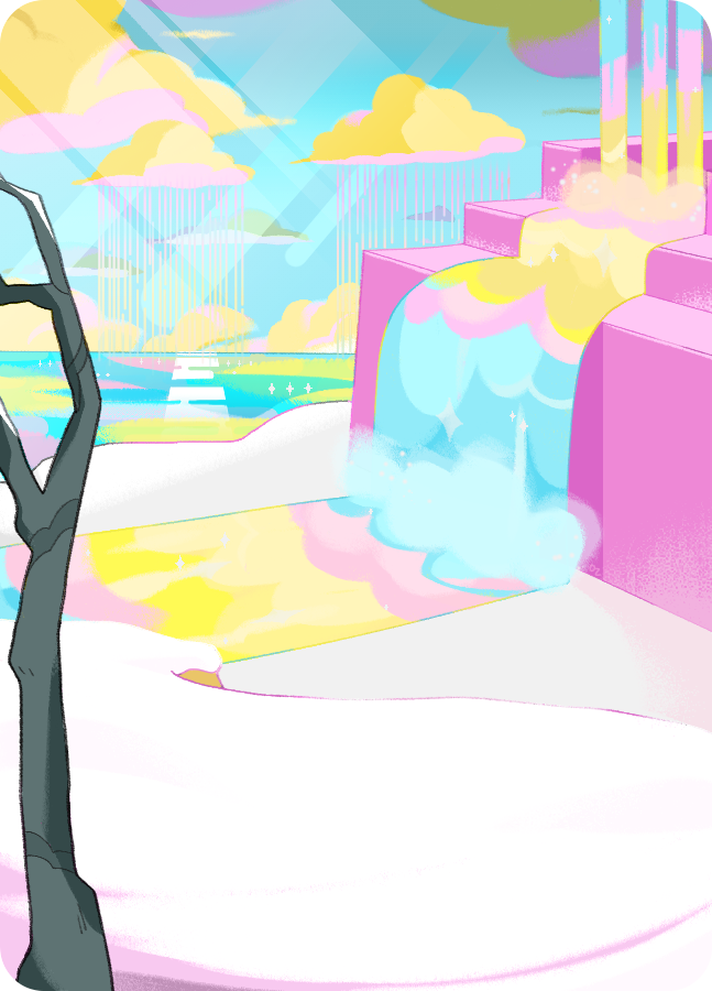 bare_tree, blue_liquid, blue_sky, building, clouds, homestuck, light_rays, multicolored_clouds