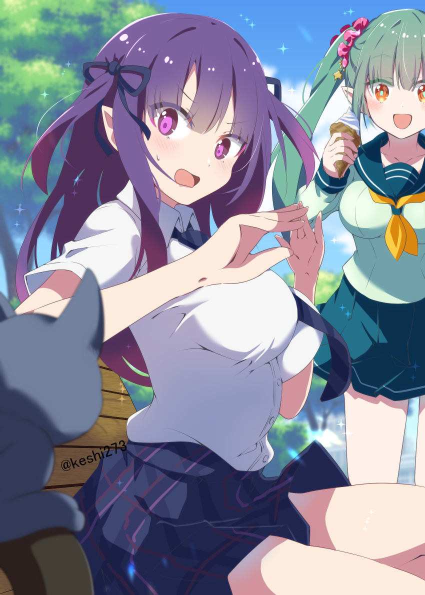 2girls, black_ribbon, blue_sky, breasts, cat, commentary_request, elf, gradient_hair