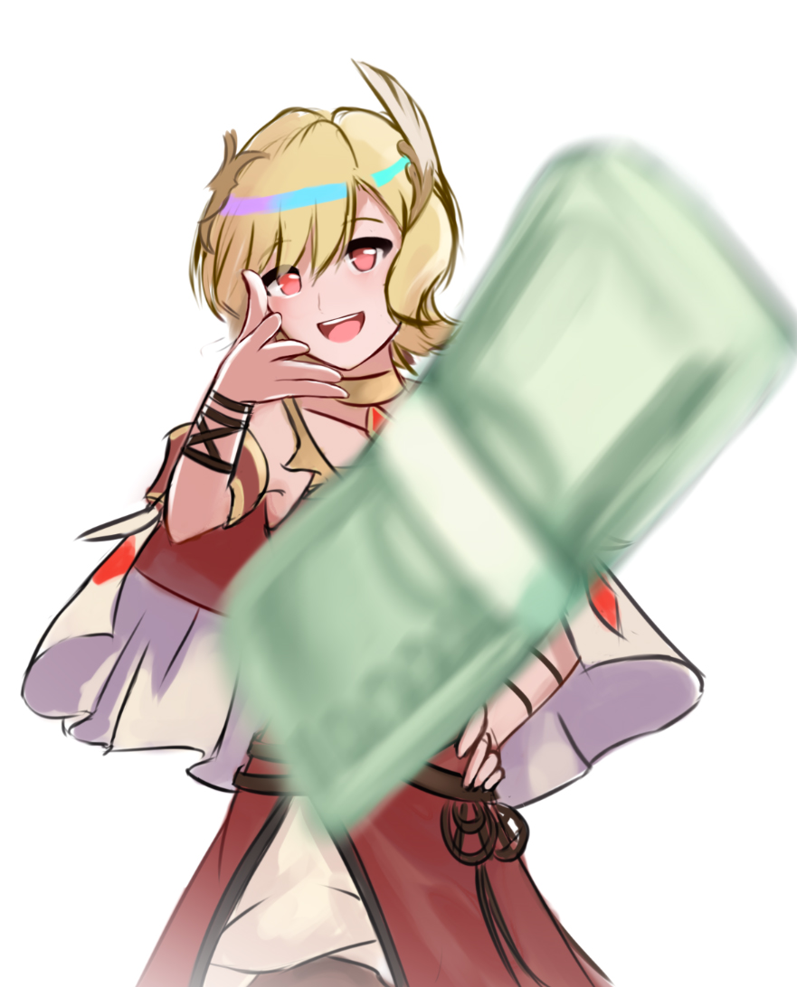 1girl, :d, blonde_hair, capelet, ciderwrath, citrinne_(fire_emblem), dress, eminem_throwing_a_fat_rat_(meme)