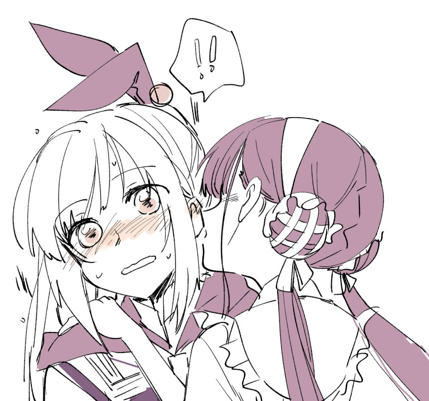 !, !!, 2girls, blowing_in_ear, blush, bun_cover, double_bun, hair_bun