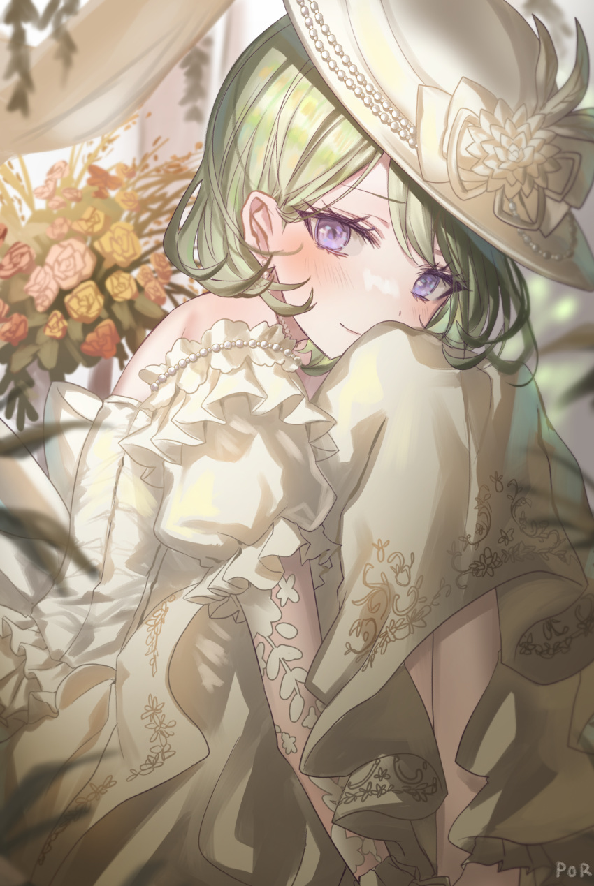 1girl, alternate_costume, bare_shoulders, blurry, blurry_background, blurry_foreground, blush, bouquet