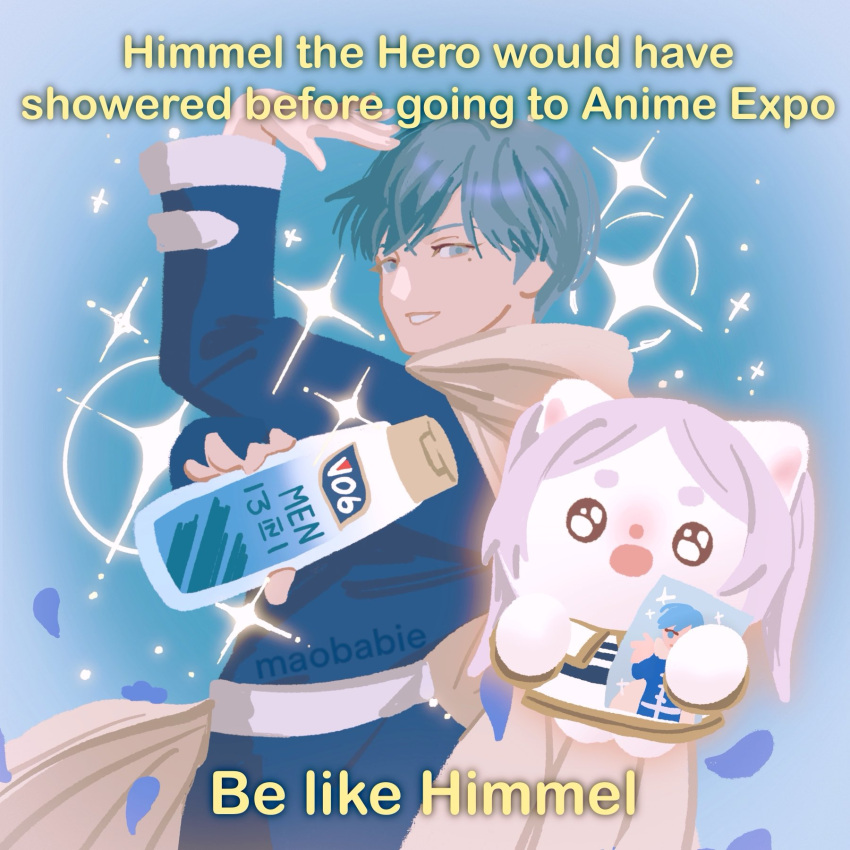 1boy, 1girl, animal_ears, anime_expo, arm_up, artist_name, blue_eyes, blue_hair