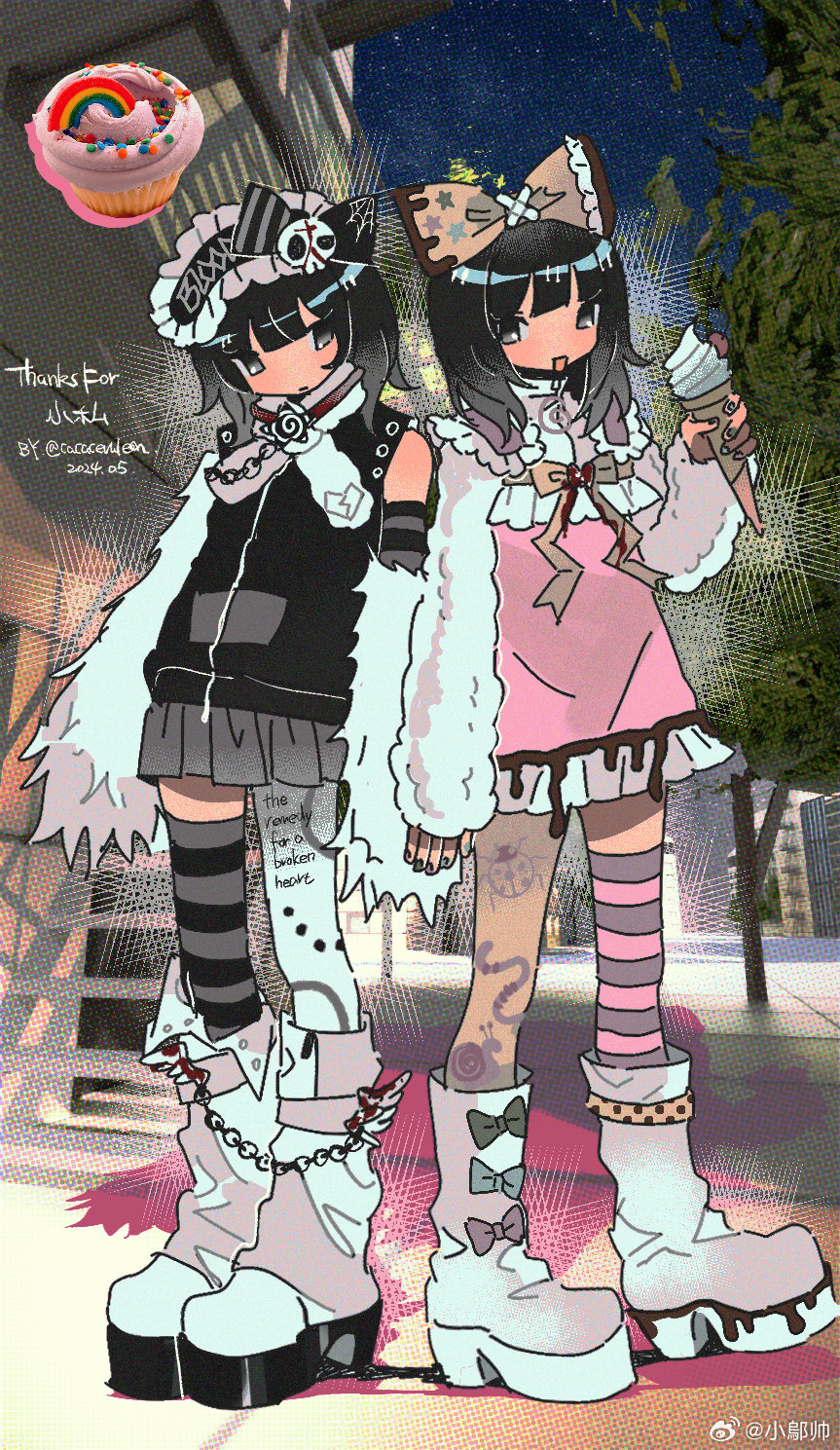 2girls, asymmetrical_footwear, asymmetrical_legwear, belt, black_bow, black_hair, black_hairband, black_jacket