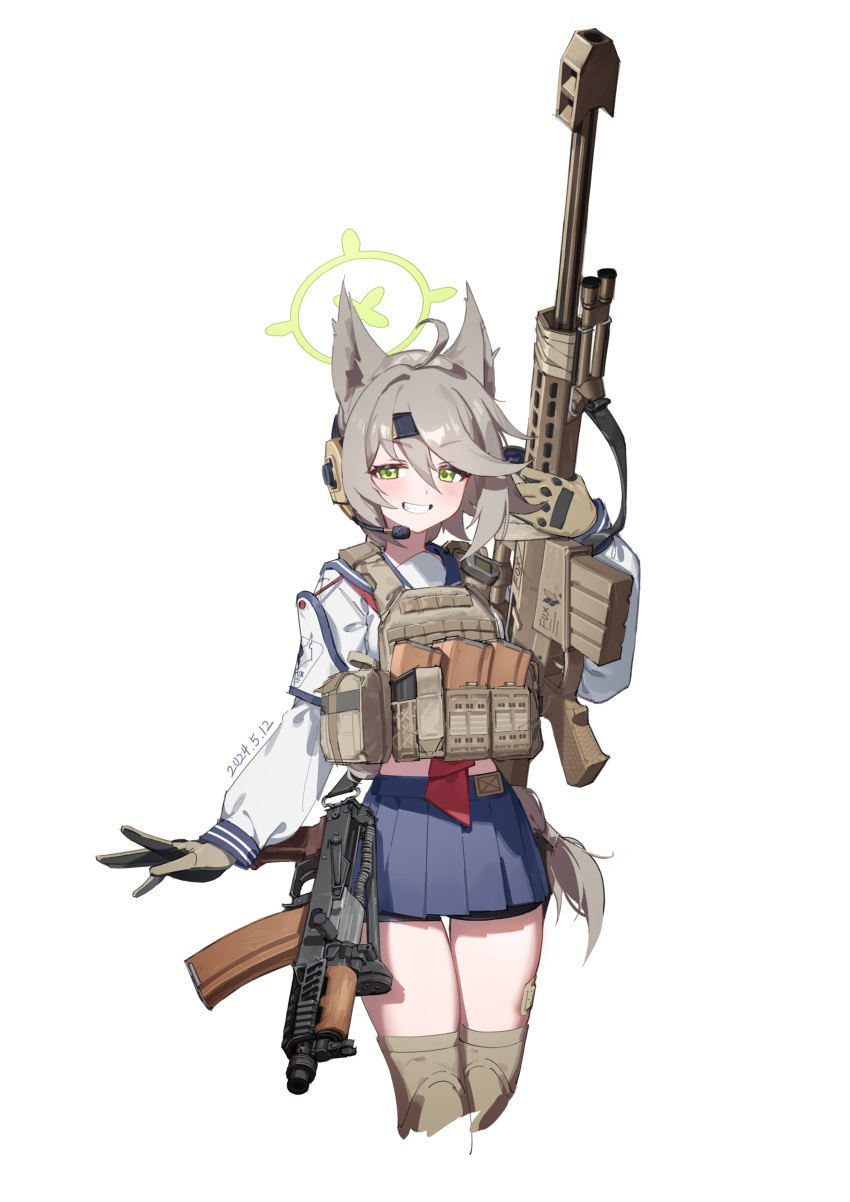 1girl, absurdres, animal_ears, anti-materiel_rifle, armor, bike_shorts, bike_shorts_under_skirt, blue_archive