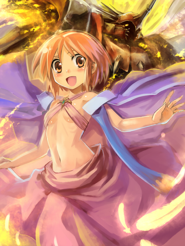 blush, cape, cloak, dancer, edobox, feathers, flat_chest, halter_top